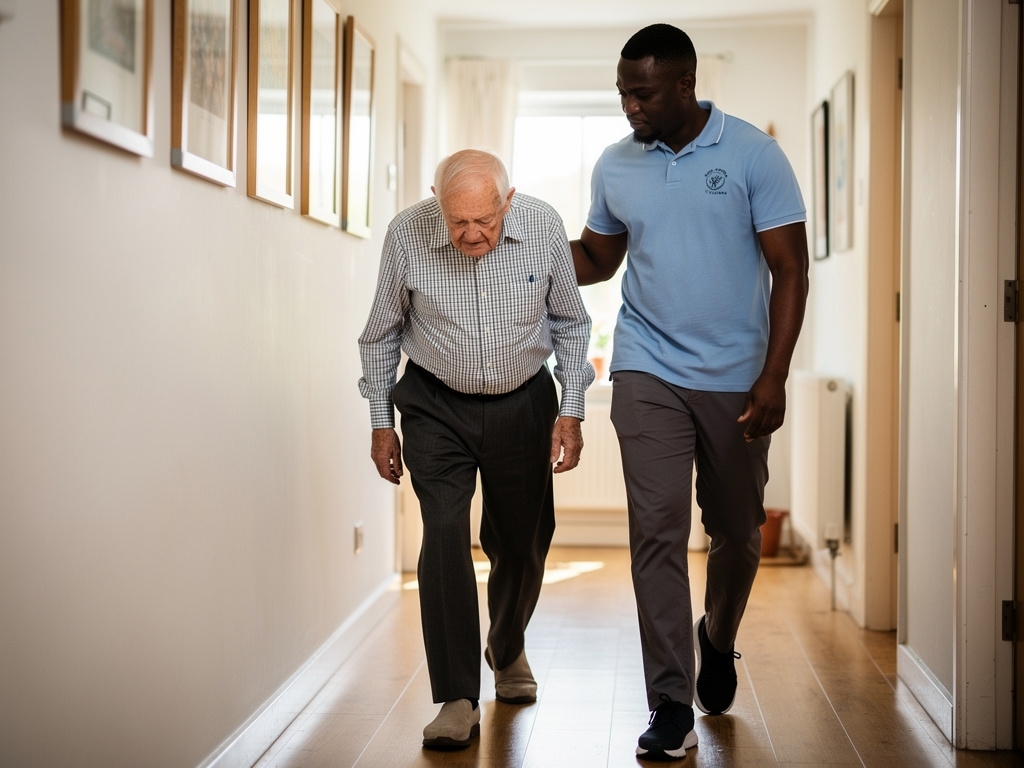 Physiotherapist walking alongside elderly male patient in a home corridor, coaching his gait